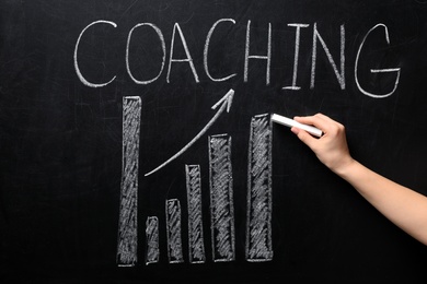Photo of Woman drawing bar chart with word COACHING on chalkboard. Business trainer concept