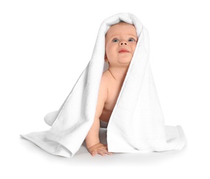 Photo of Cute little baby with soft towel on white background