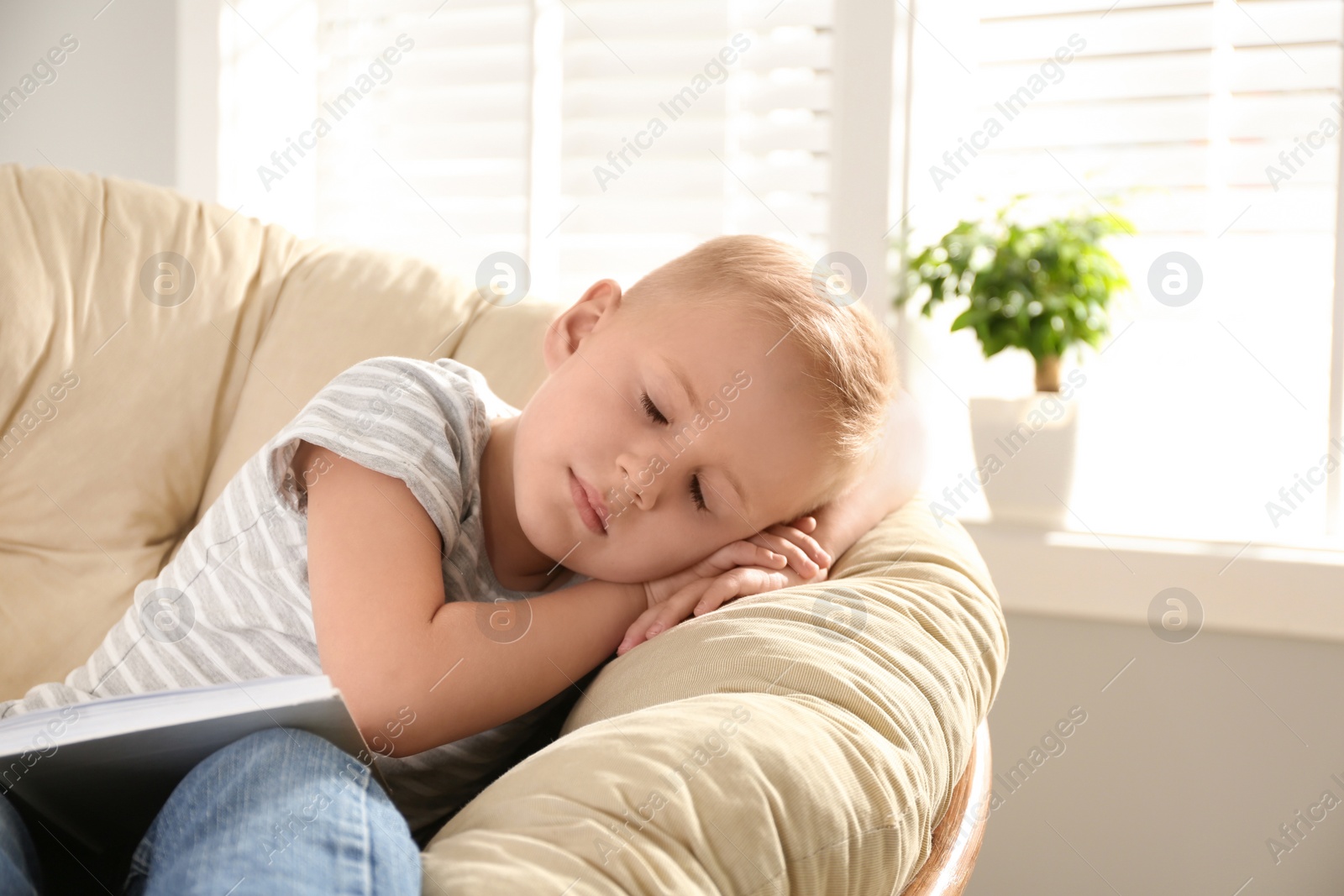 Photo of Cute little boy sleeping in papasan chair at home