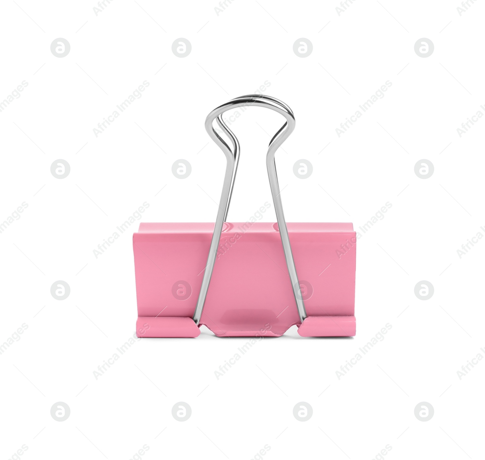 Photo of Pink binder clip isolated on white. Stationery item