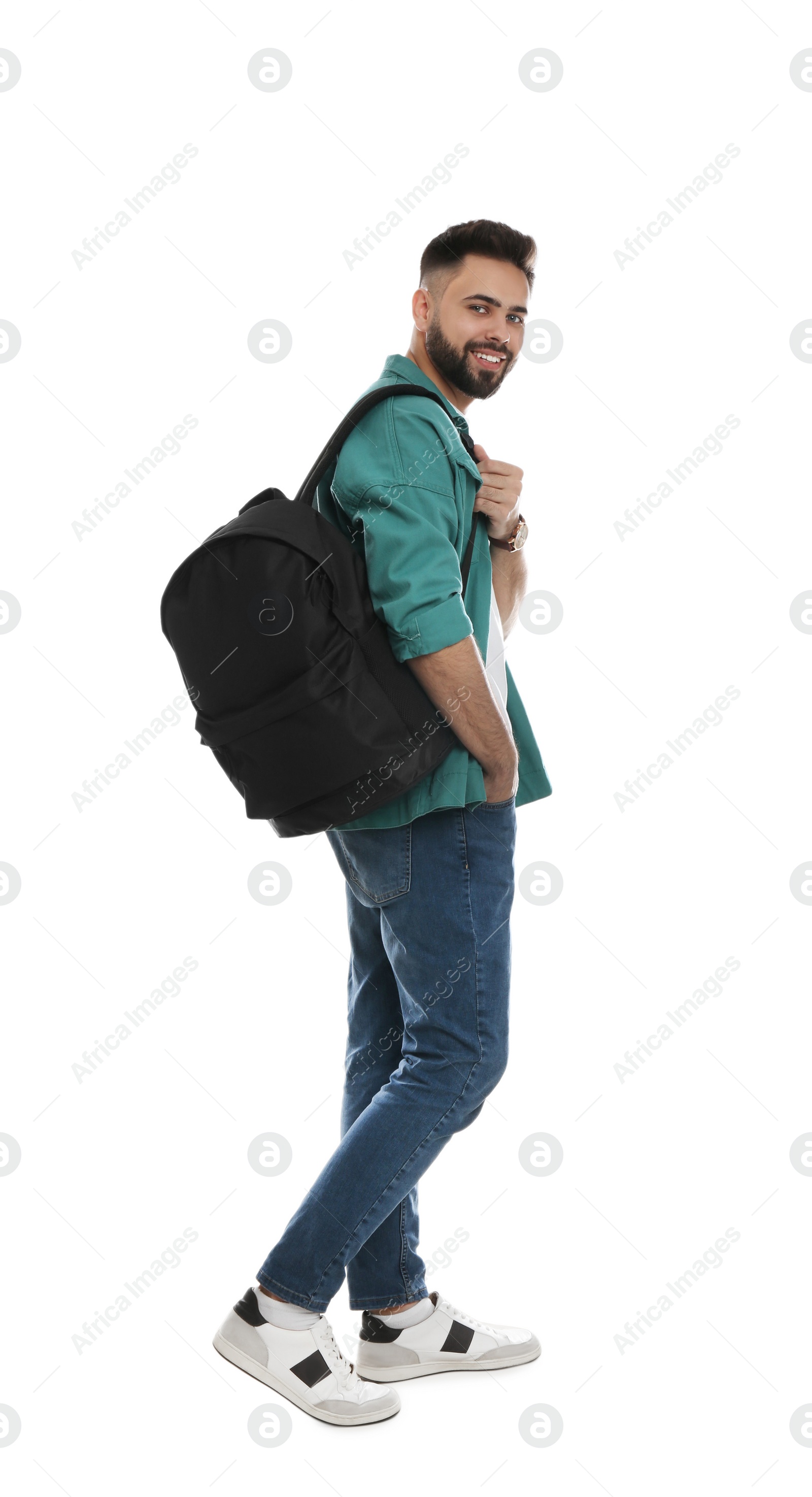 Photo of Young man with stylish backpack on white background