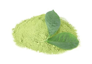 Photo of Green matcha powder and fresh leaves isolated on white