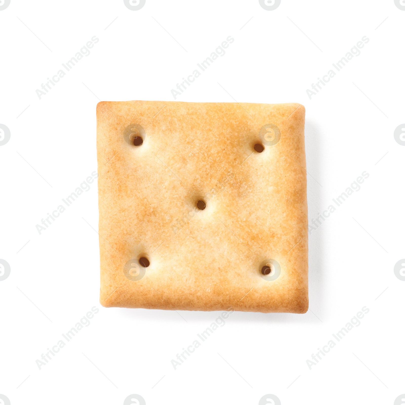 Photo of One crispy cracker isolated on white, top view. Delicious snack