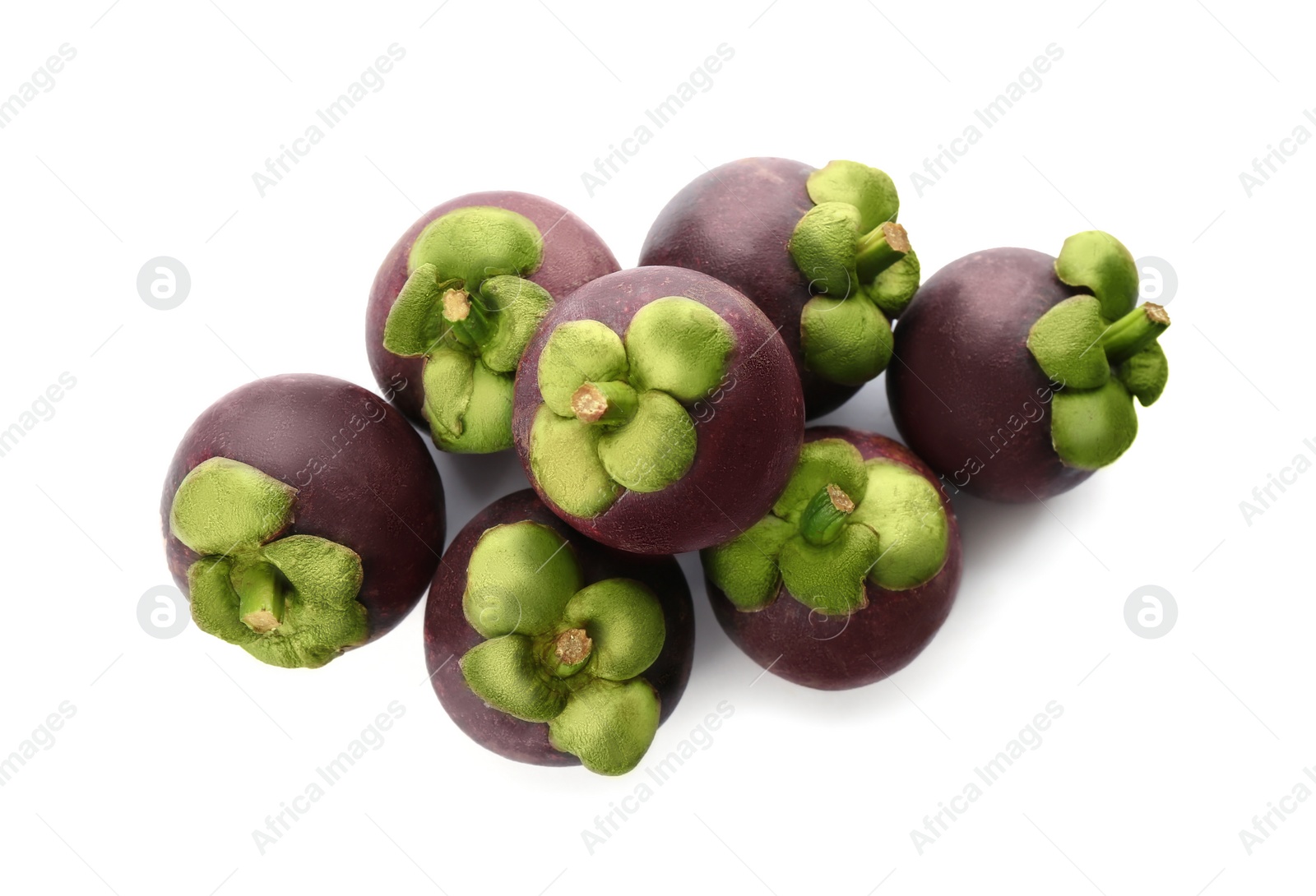 Photo of Fresh mangosteen fruits on white background, top view