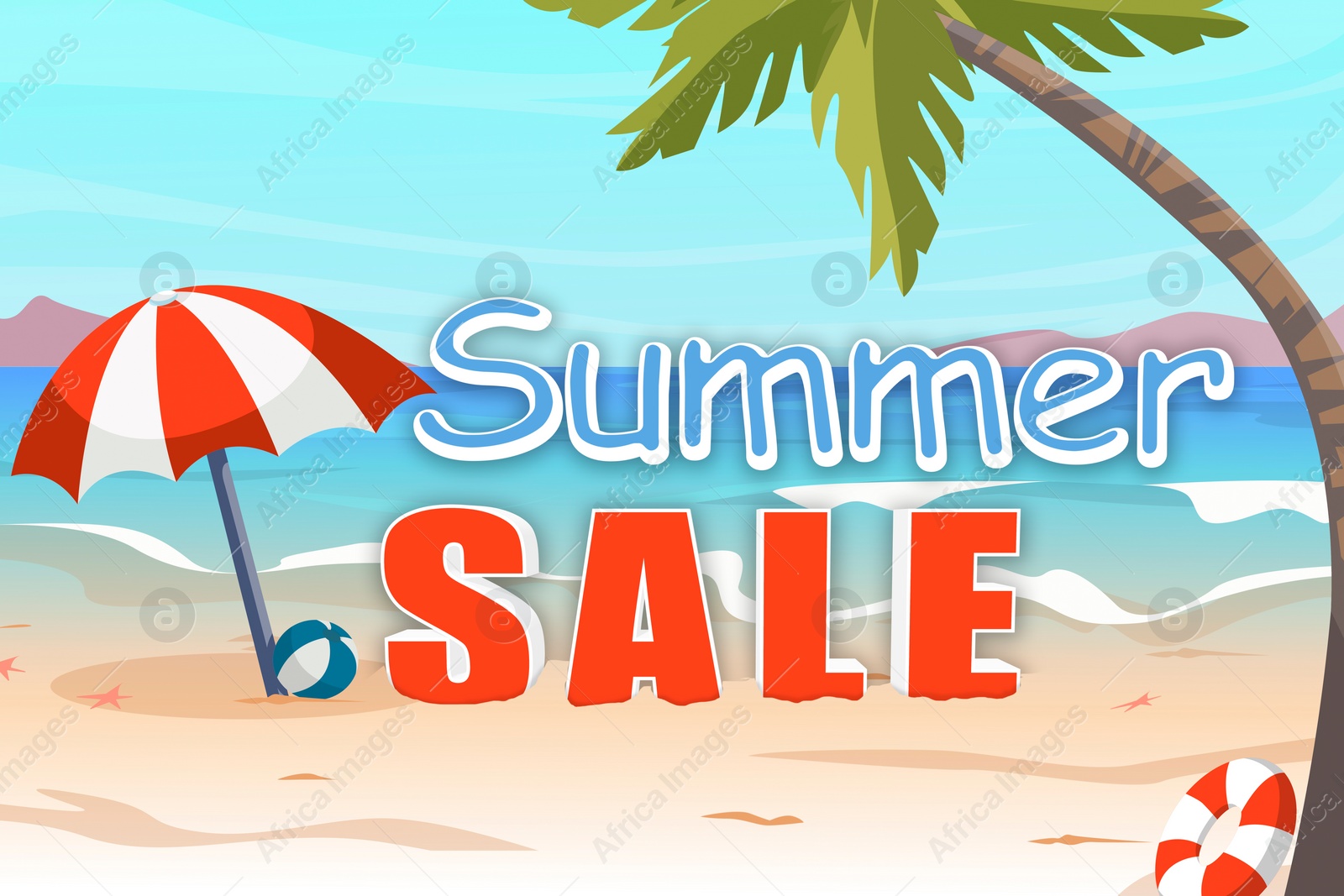 Illustration of Summer sale flyer design.  sandy beach with umbrella, ball, palm and text