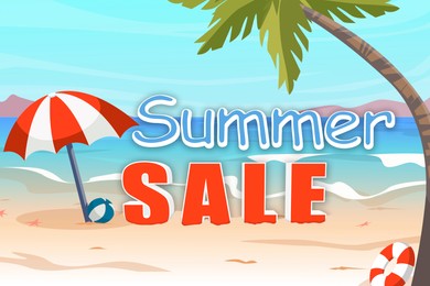 Summer sale flyer design. Illustration of sandy beach with umbrella, ball, palm and text