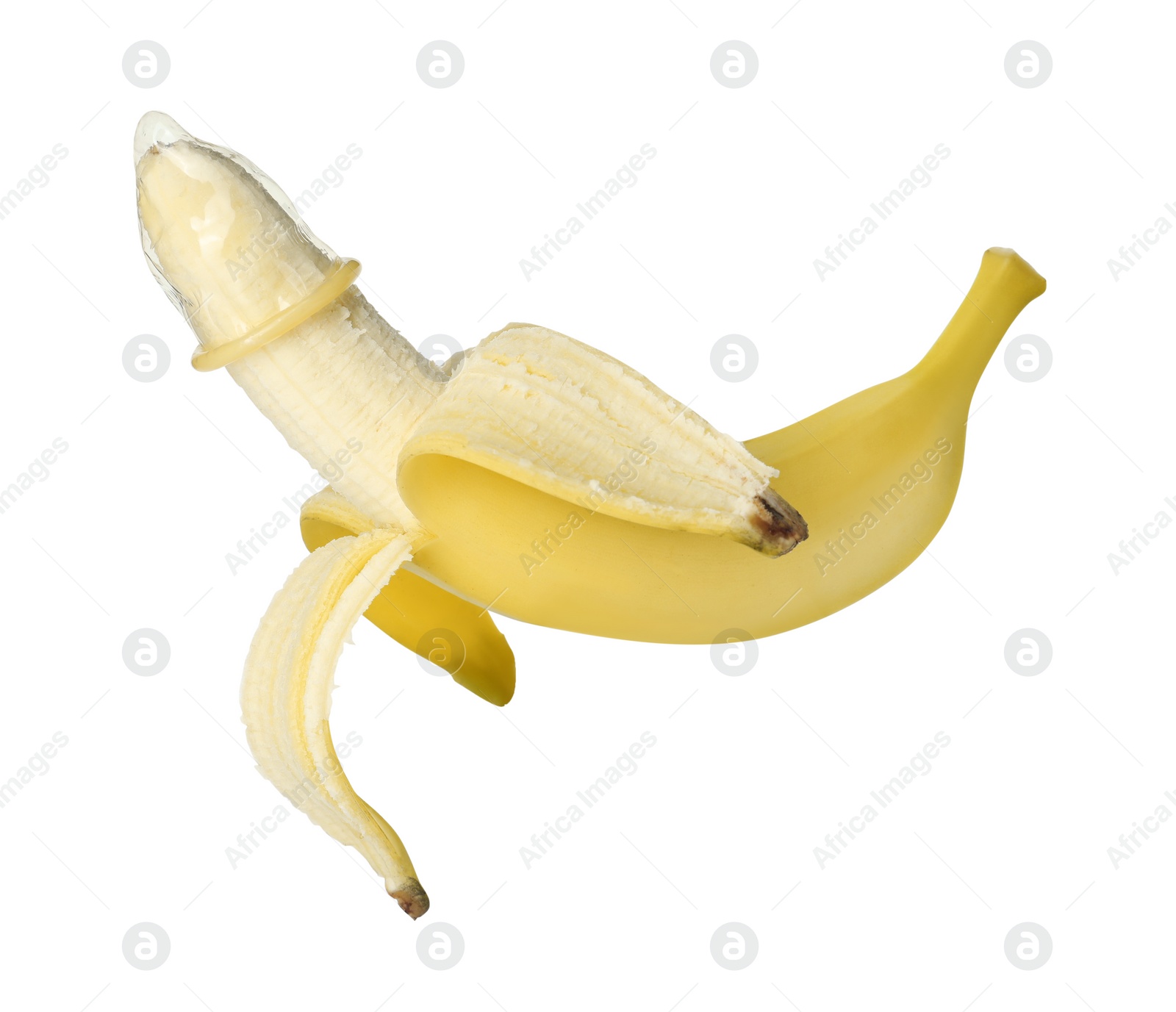 Photo of Banana with condom isolated on white. Safe sex concept