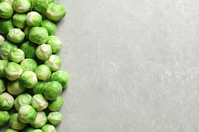 Photo of Fresh Brussels sprouts on grey background, top view with space for text