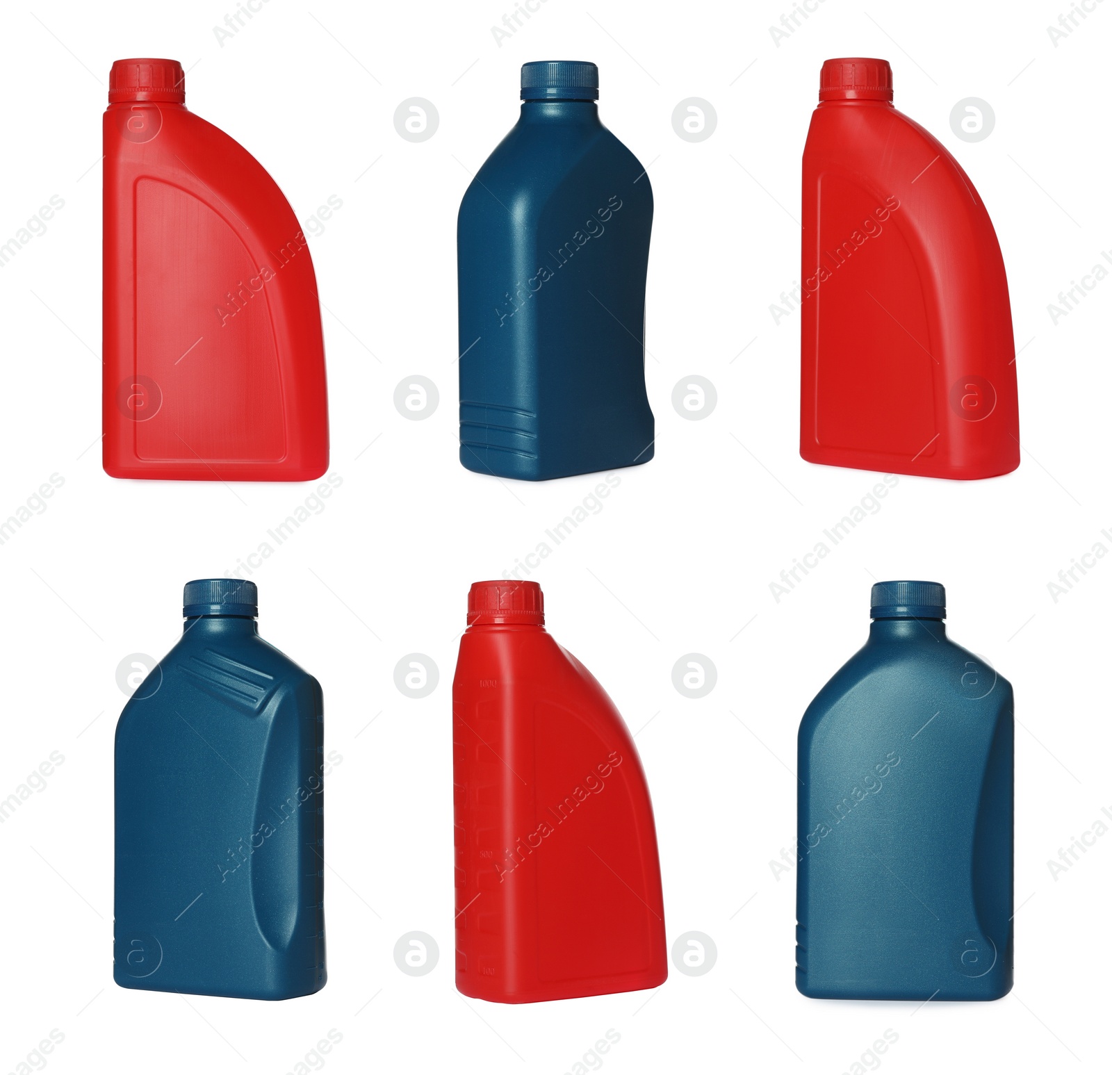 Image of Containers with different motor oil on white background, different sides. Collage design