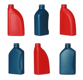 Containers with different motor oil on white background, different sides. Collage design