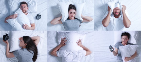 Image of People suffering from insomnia, set of photos. Sleep disorder