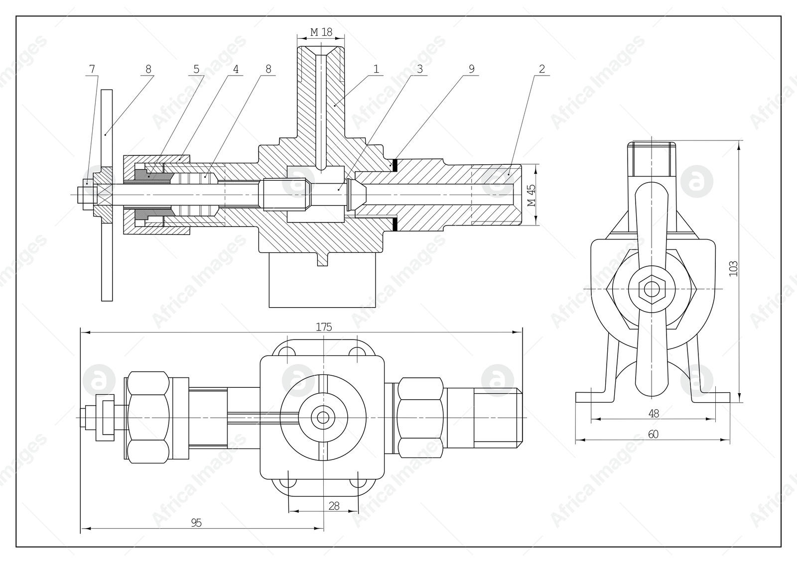 Image of Technical drawing as background. Plan of mechanism