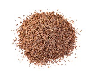 Heap of aromatic caraway (Persian cumin) seeds isolated on white, top view