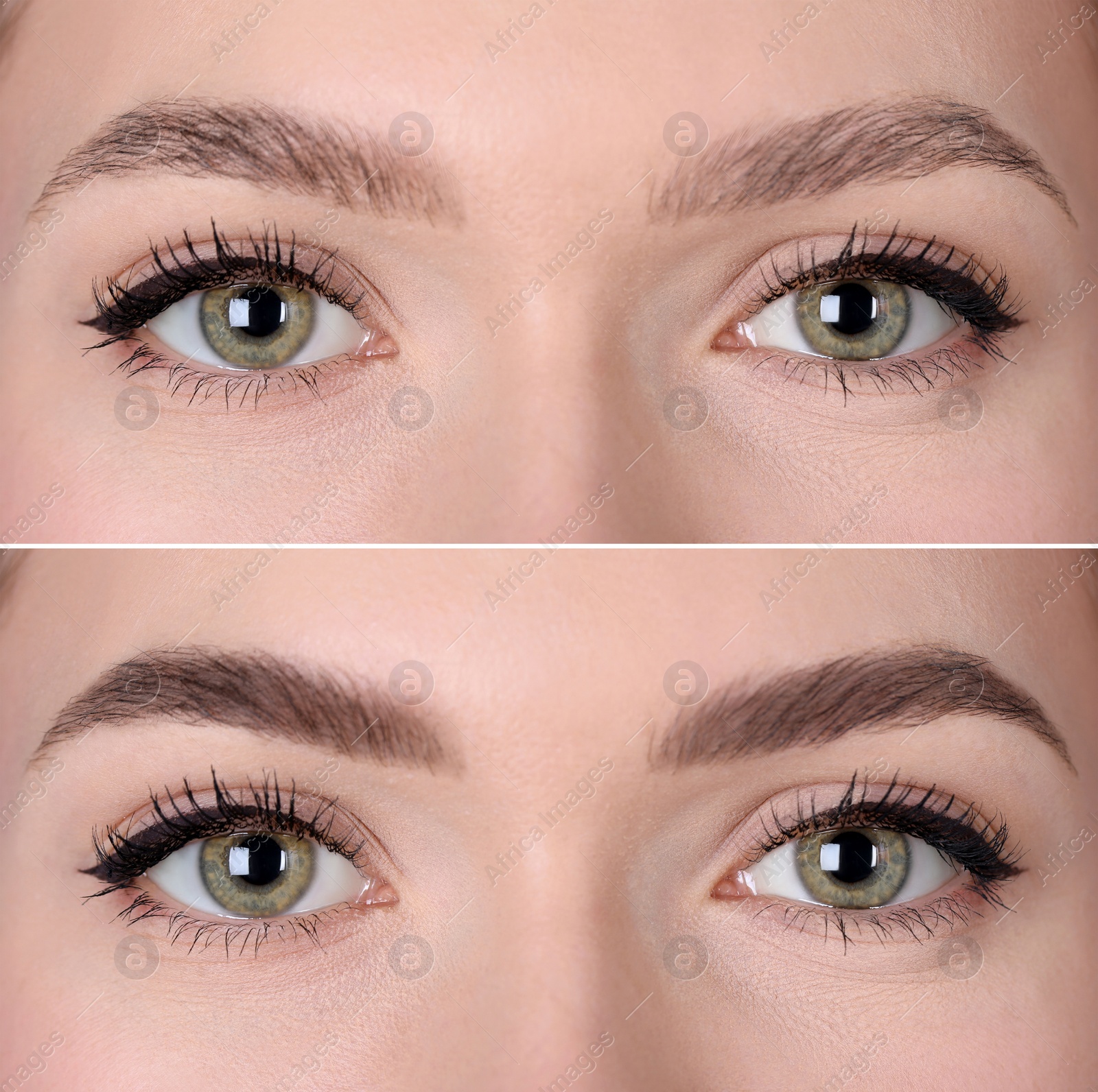 Image of Collage with photos of young woman before and after permanent makeup procedure, closeup