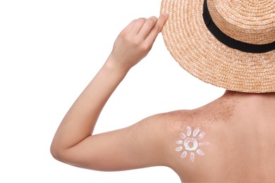 Beautiful young woman with sun protection cream on her back against white background, closeup