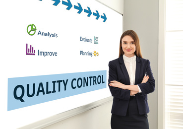 Image of Quality control service. Businesswoman near whiteboard in office