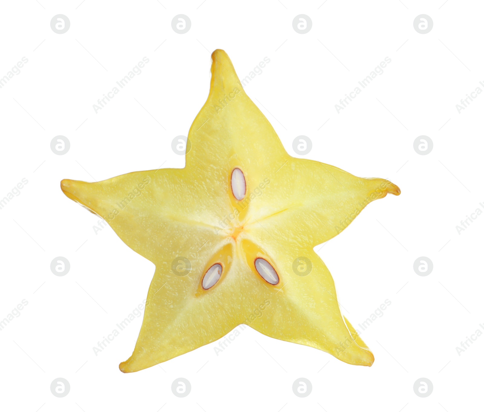 Photo of Slice of ripe carambola isolated on white. Exotic fruit