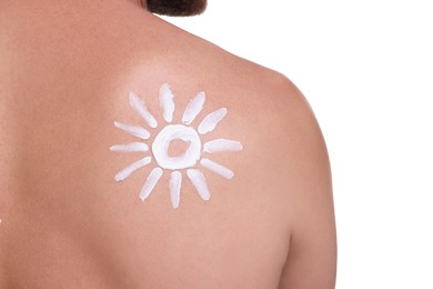 Man with sun protection cream on his back against white background, closeup