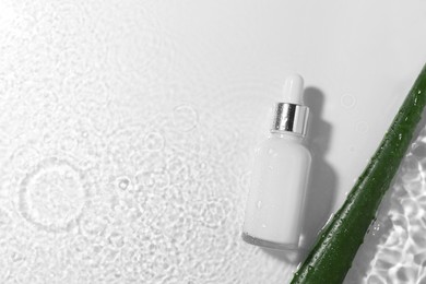 Bottle of cosmetic product and aloe leaf in water on white background, flat lay. Space for text