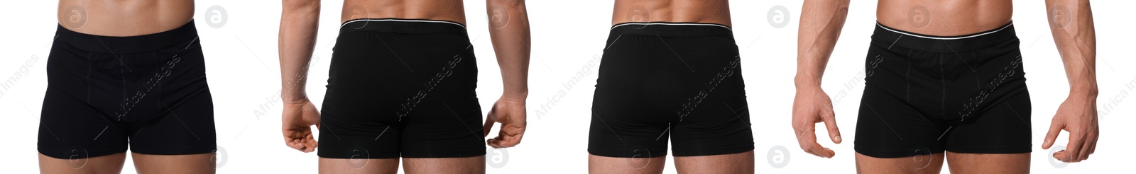 Image of Man in stylish black underwear on white background, set of closeup photos