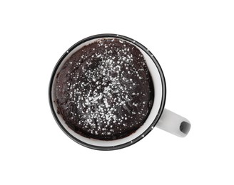 Photo of Tasty chocolate mug pie isolated on white, top view. Microwave cake recipe