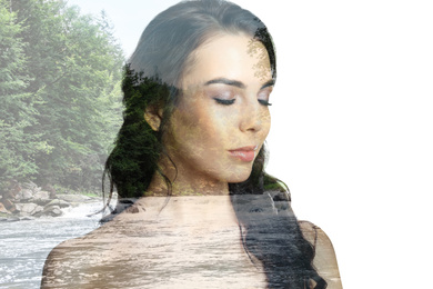 Image of Picturesque landscape and beautiful woman on white background. Double exposure