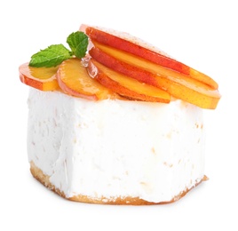 Delicious dessert with peach slices isolated on white