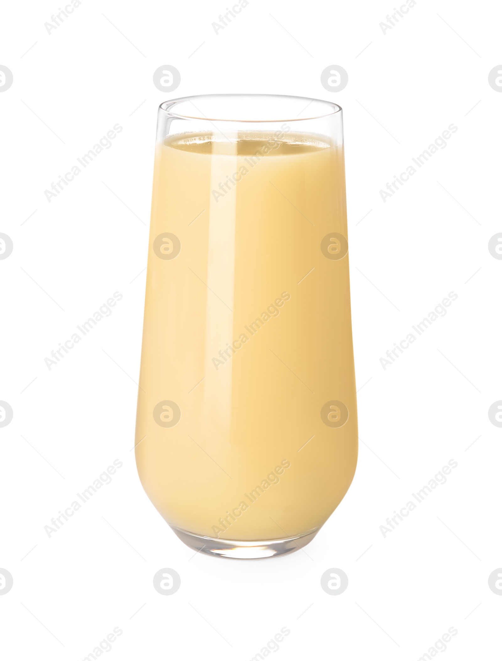 Photo of Tasty pear juice in glass isolated on white