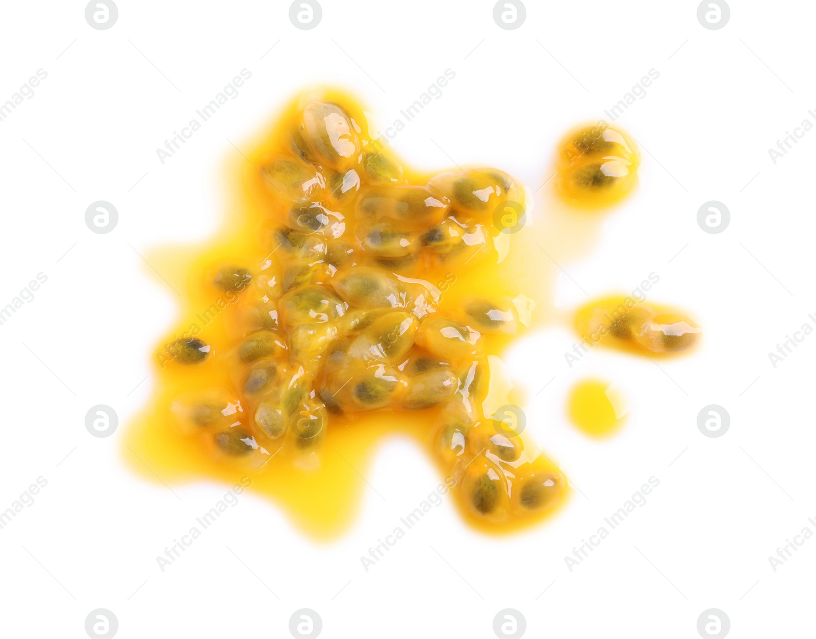 Photo of Passion fruit seeds on white background, top view