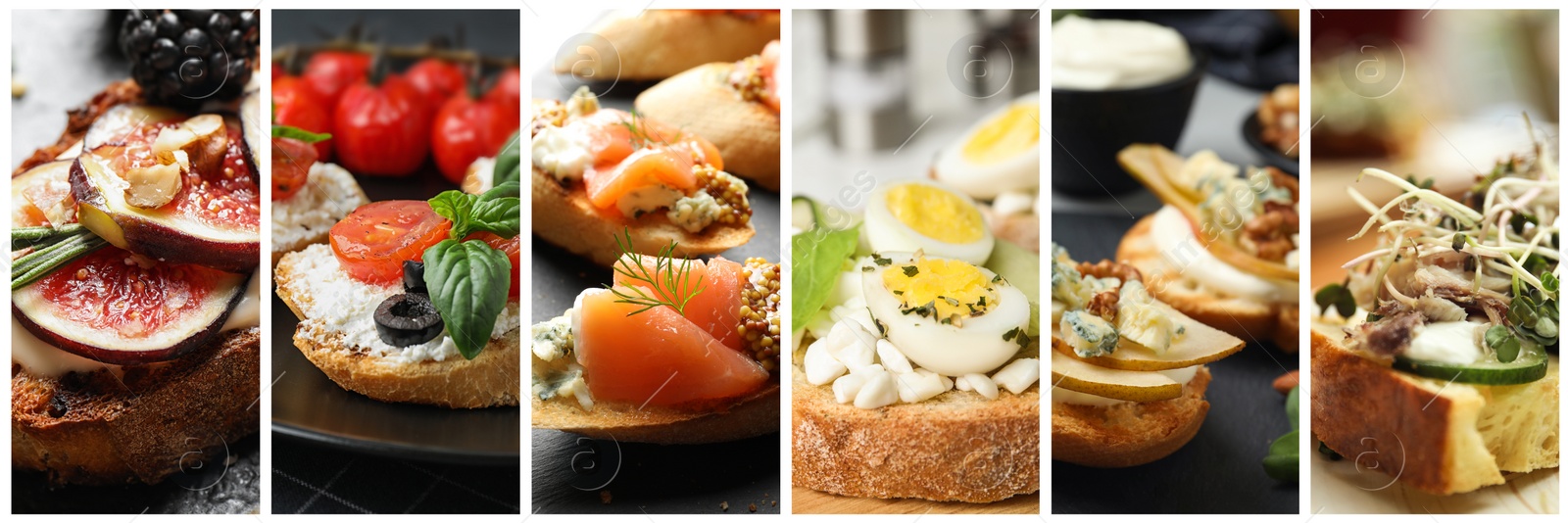 Image of Collage of different tasty bruschettas. Banner design 