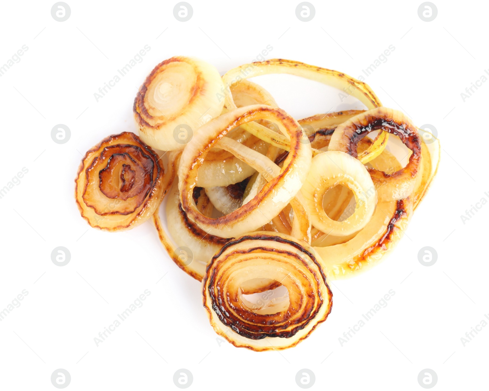 Photo of Pile of tasty fried onion isolated on white, top view