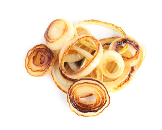 Pile of tasty fried onion isolated on white, top view