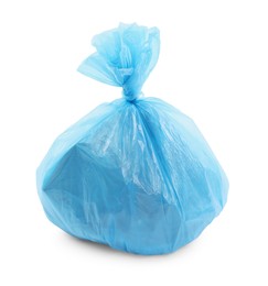 Photo of Blue plastic garbage bag isolated on white