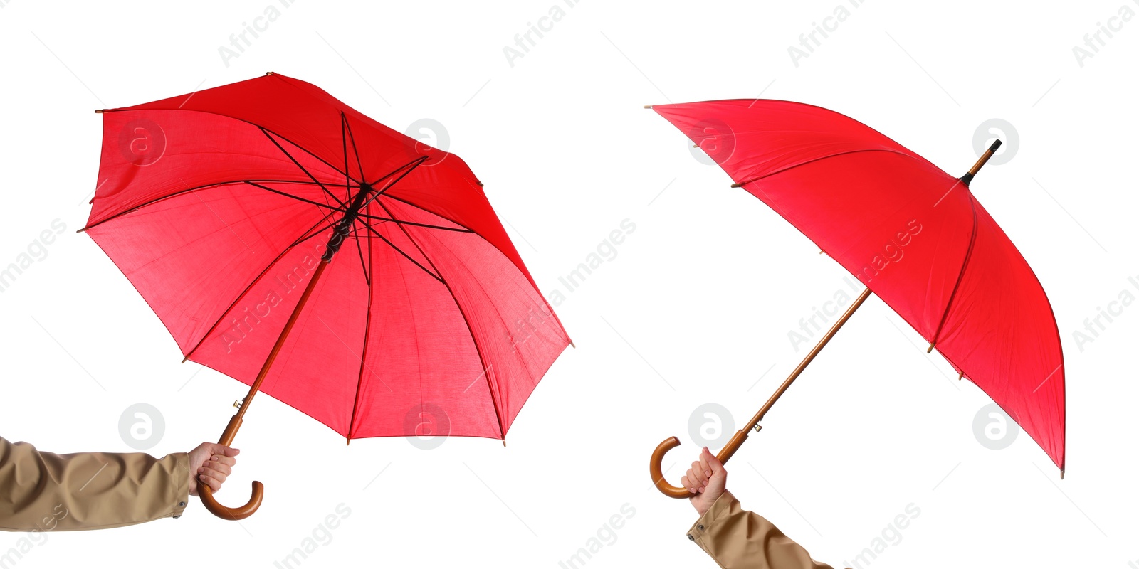 Image of Collage with photos of women holding umbrellas on white background, collage. Banner design