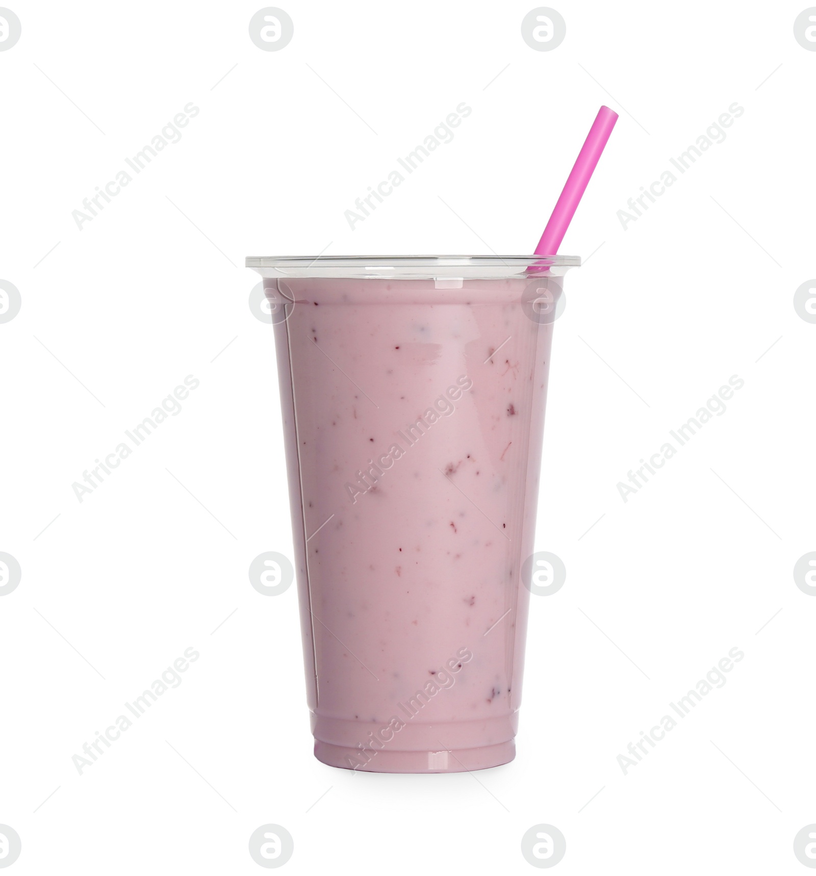 Photo of Plastic cup of tasty smoothie isolated on white