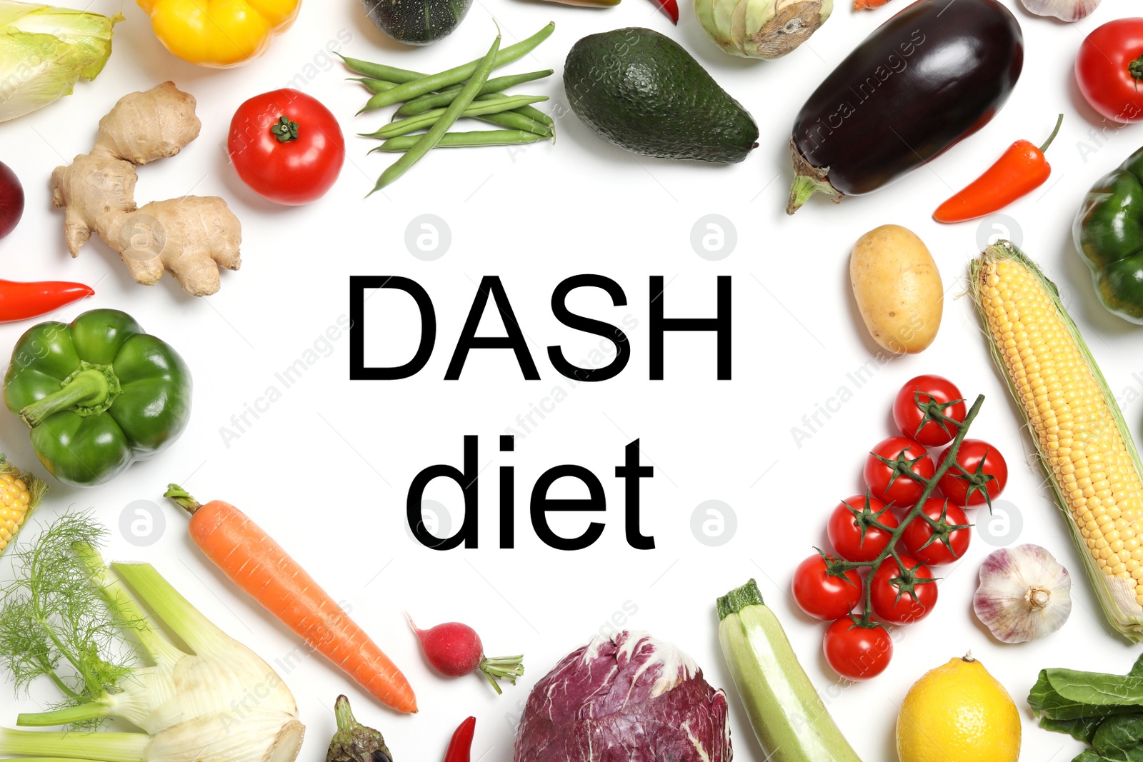 Image of Balanced food for DASH diet to stop hypertension. Different fresh healthy products on white table, flat lay