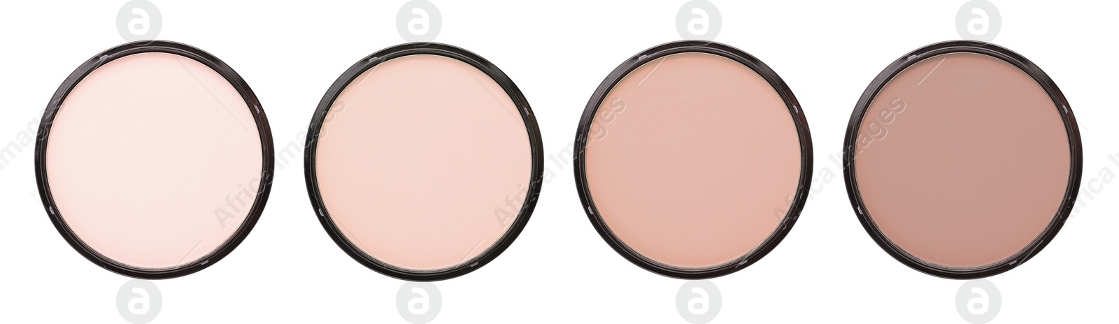 Image of Compact face powders of different shades isolated on white, collection. Top view