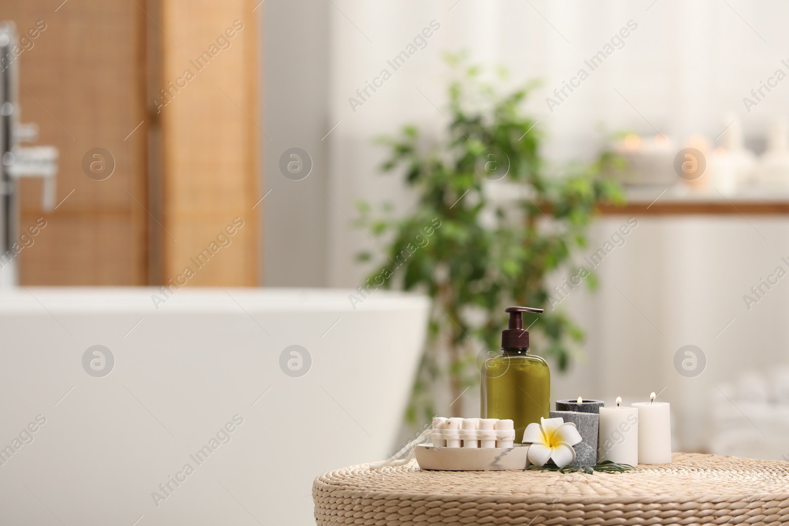 Photo of Spa products, burning candles and plumeria flower on wicker table in bathroom. Space for text