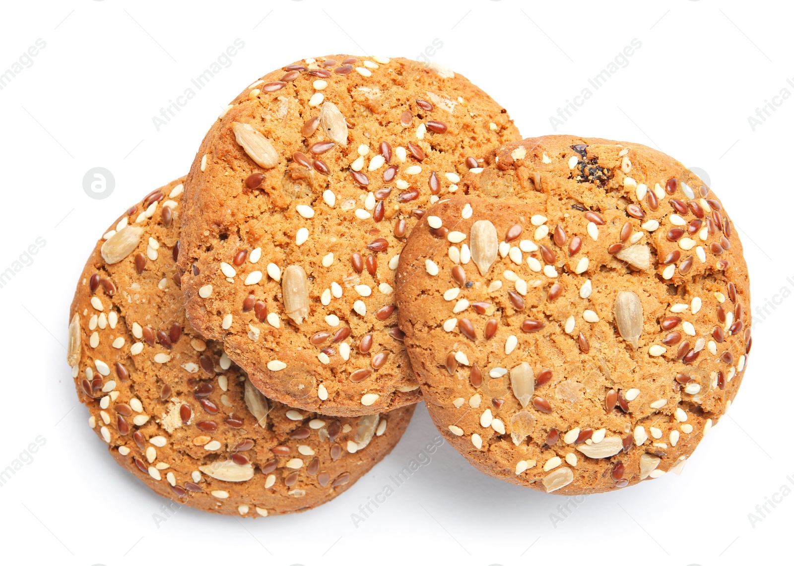 Photo of Grain cereal cookies on white background. Healthy snack