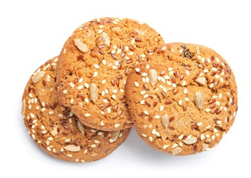 Grain cereal cookies on white background. Healthy snack