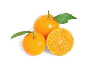 Fresh ripe tangerines with leaves isolated on white. Citrus fruit