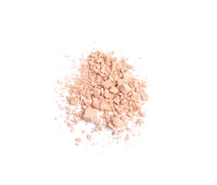 Pile of crushed face powder on white background, top view