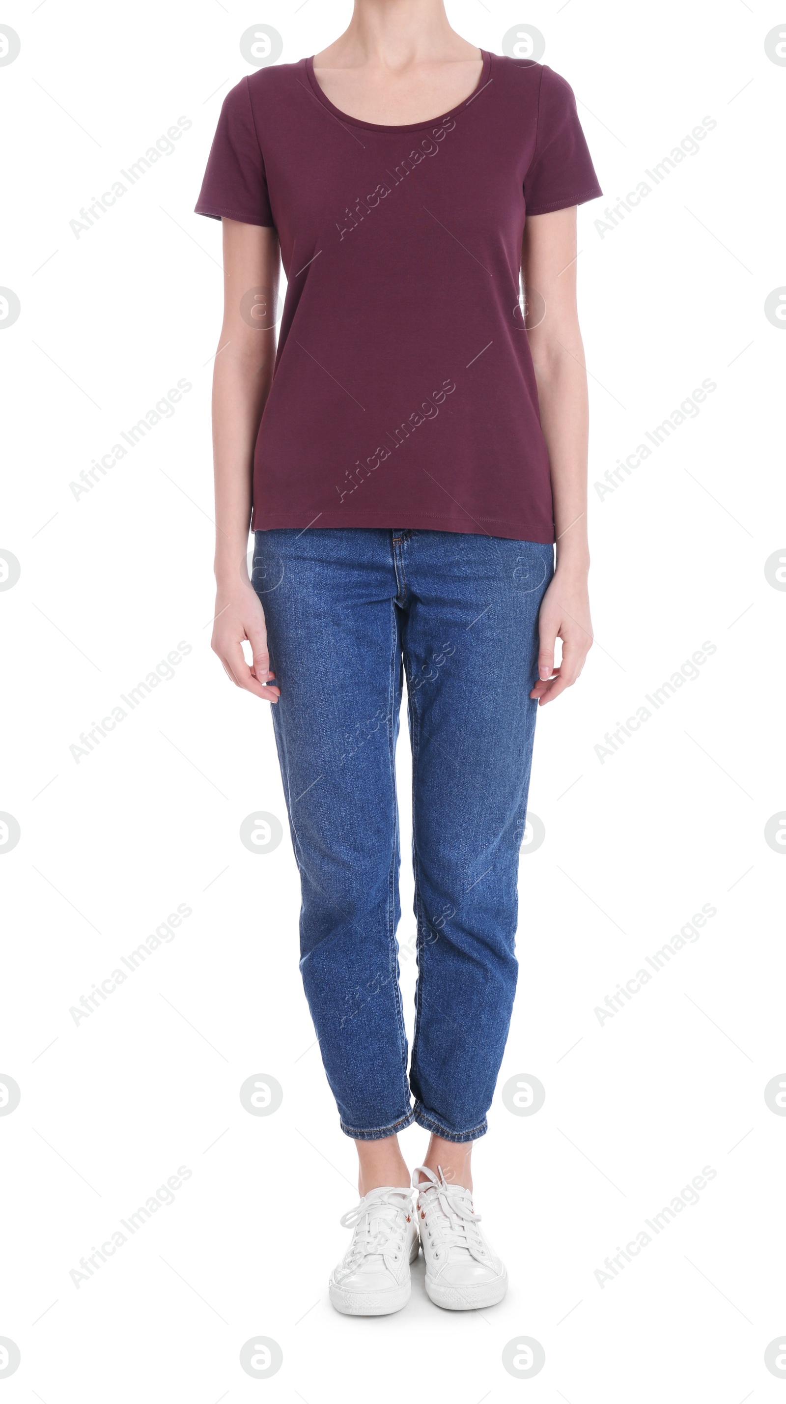 Photo of Young slim woman on white background, closeup. Weight loss