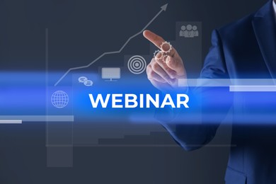 Image of Webinar concept. Closeup view of man near virtual screen with different icons on grey background