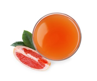 Photo of Tasty freshly made grapefruit juice and fruit on white background, top view