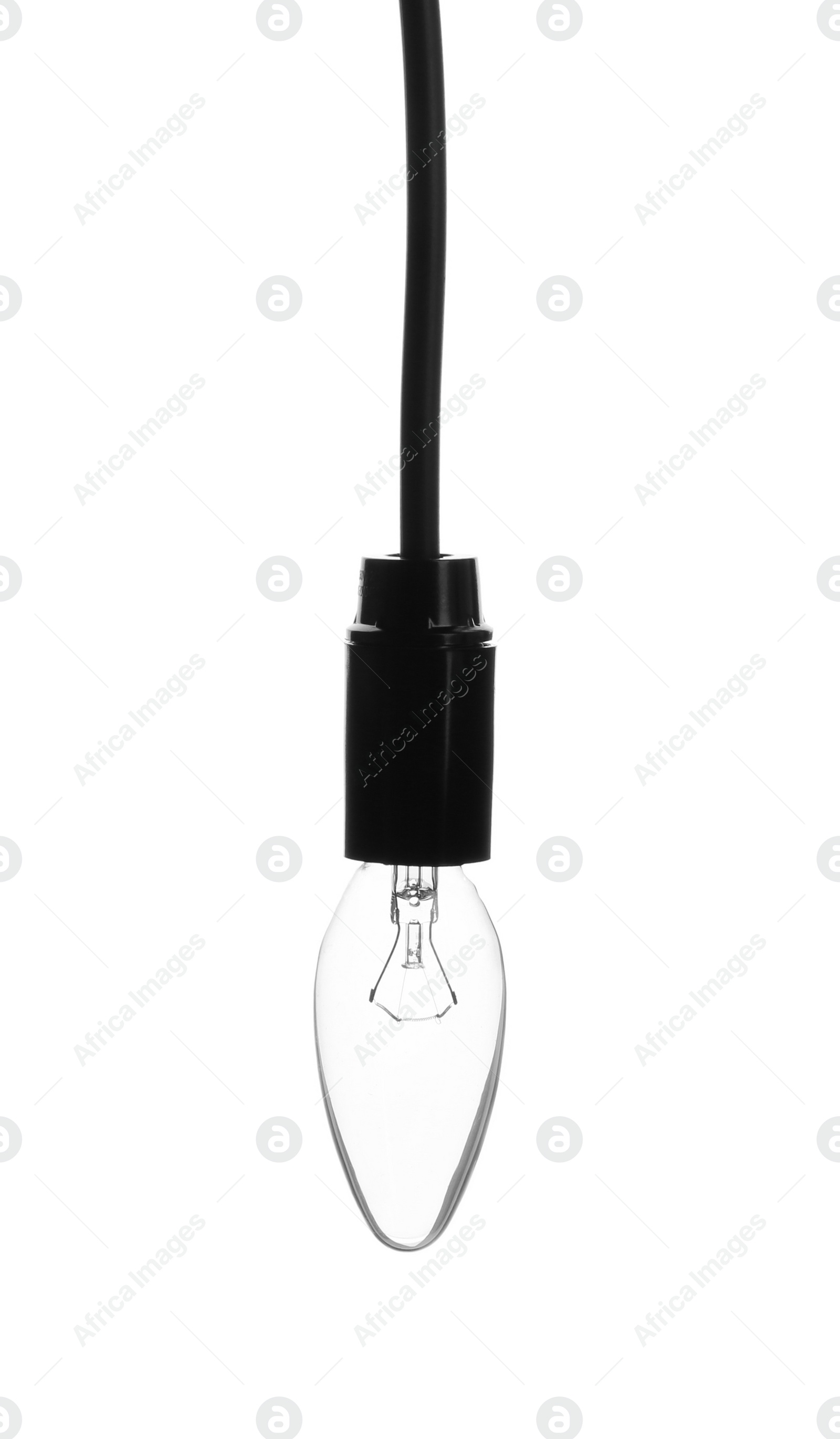 Photo of Hanging incandescent light bulb on white background. Modern lamp