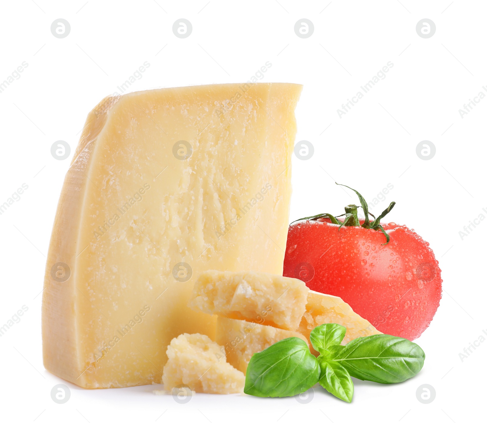 Image of Delicious parmesan cheese, tomato and basil on white background