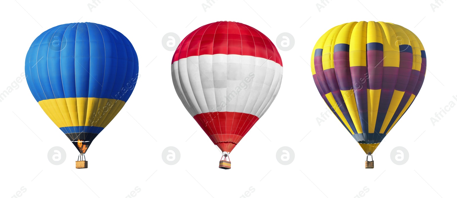 Image of Bright hot-air balloons on white background, set