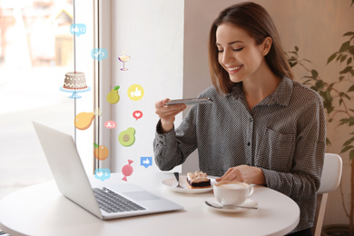 Image of Young blogger taking photo of dessert in cafe