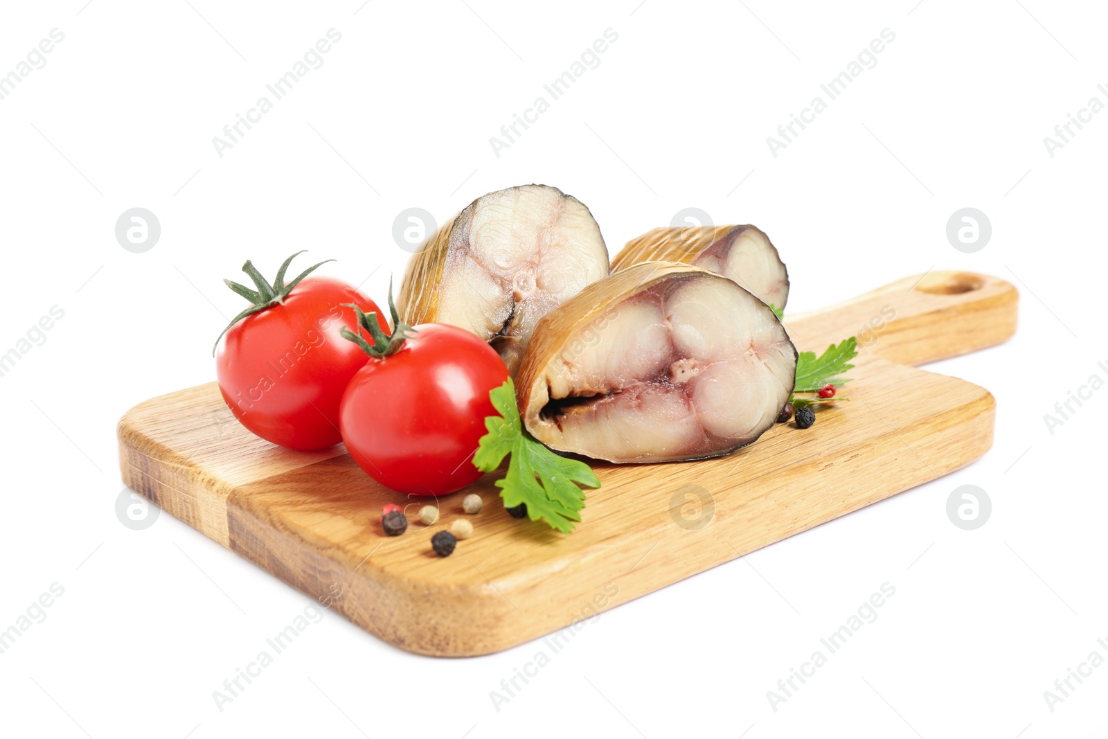 Photo of Wooden board with tasty smoked fish isolated on white